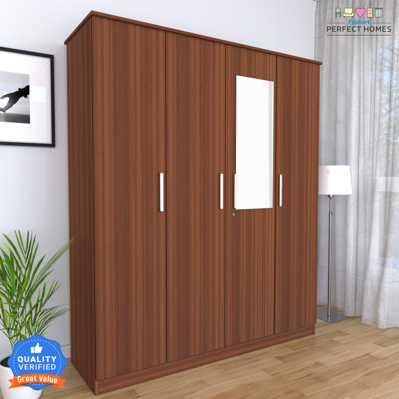Flipkart Perfect Homes Julian Engineered Wood 4 Door Wardrobe(Finish Color - MELAMINE ALMOND WALNUT SIB, Mirror Included, Knock Down) - 59% off at DetectaDeal