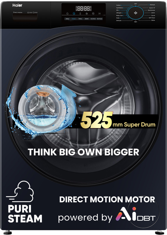 Haier 9 kg AI with Direct Drive Technology,Puristeam and Refresh Function, Anti Bacterial Technology, Super Drum 525mm with Custom Wash Programs Fully Automatic Front Load Washing Machine Black, Blue(EFL90-DM14IBIEBK)