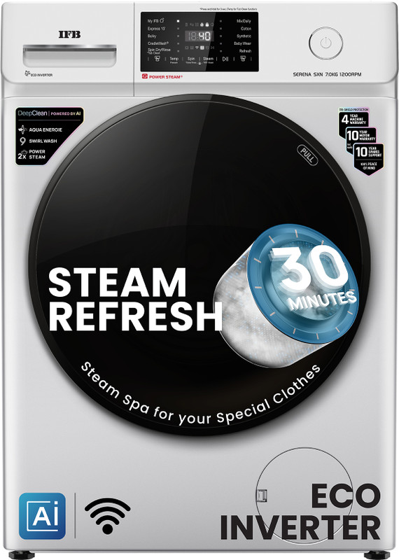 IFB 7 kg 5 Star with Steam Refresh Program, 9 Swirl wash, Eco Inverter, Powered by AI with WiFi Fully Automatic Front Load Washing Machine with In-built Heater Black(SERENA OXN 7012 CMS)