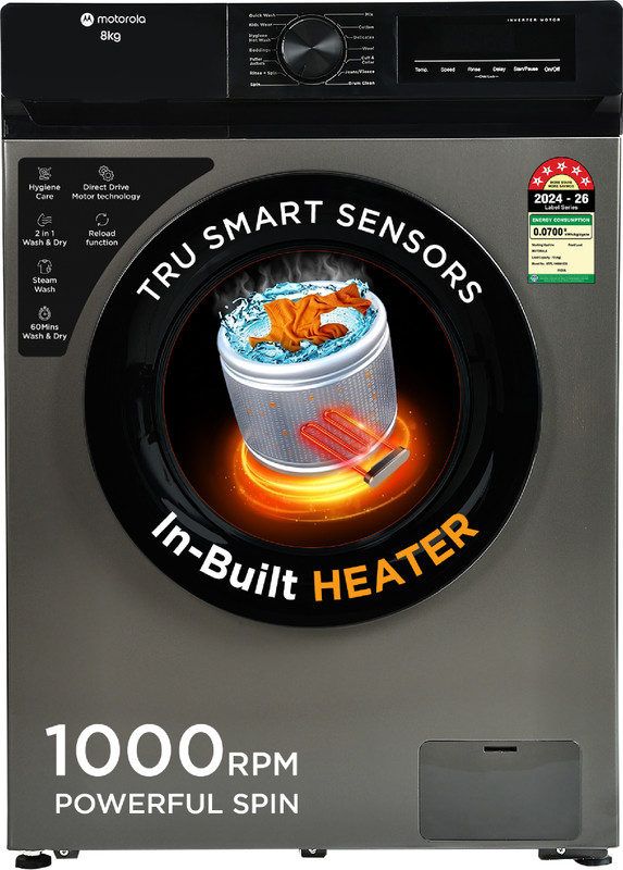 MOTOROLA 8 kg Fully Automatic Front Load Washing Machine with In-built Heater Grey(MTFL805NHIDG)