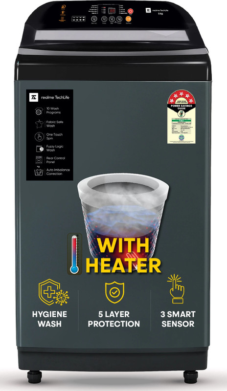 realme TechLife 8 kg Soft closing Glass lid Fully Automatic Top Load Washing Machine with In-built Heater Black, Grey(RMTL805NHNHG | RMTL805NHNHS)
