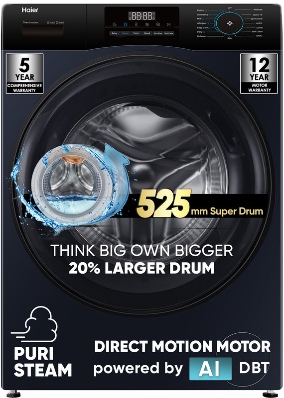 Haier 8 kg AI with Inverter Motor,Puristeam and Refresh Function, Anti Bacterial Technology, Super Drum 525mm with Custom Wash Programs Fully Automatic Front Load Washing Machine Black(EFL80-IM12IBIEBK)
