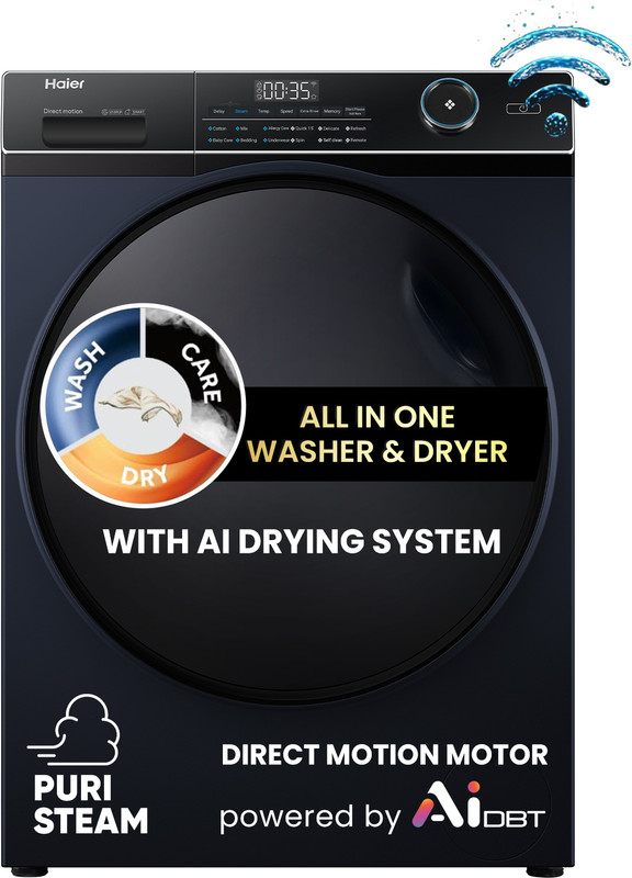 Haier 11 kg Washer Dryer (11 Kg Washer / 7Kg Dryer ) Powered by AI-DBT, Direct Drive Technology, Wi-Fi Enabled , Puristeam and i-Refresh Function, Super Drum 525mm Fully Automatic Front Load Washing Machine with In-built Heater Black(EFLD110-DM14IEICBKU1)