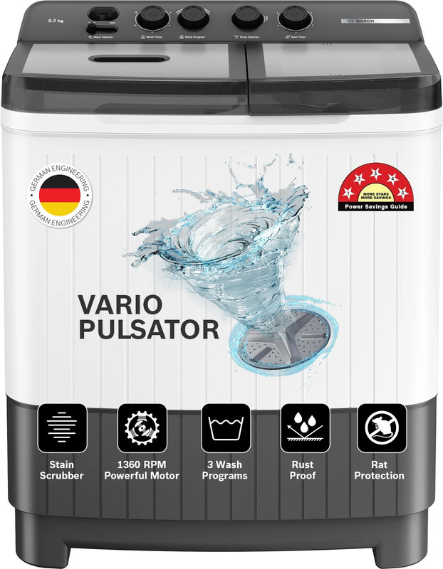 BOSCH 8.5 kg 5 Star with Vario Pulsator +,Scrub Zone & 1360 High RPM Spin Motor Semi Automatic Top Load Washing Machine Black(WJG855G0IN)