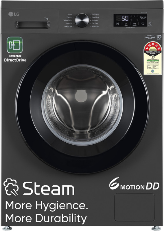 LG 7 kg 5 Star, Inverter Direct Drive Technology, 6 Motion DD, Reduce germs & allergens with steam cycles, In-built Heater & Touch Panel Fully Automatic Front Load Washing Machine with In-built Heater Black, Grey(FHB1207Z2M)