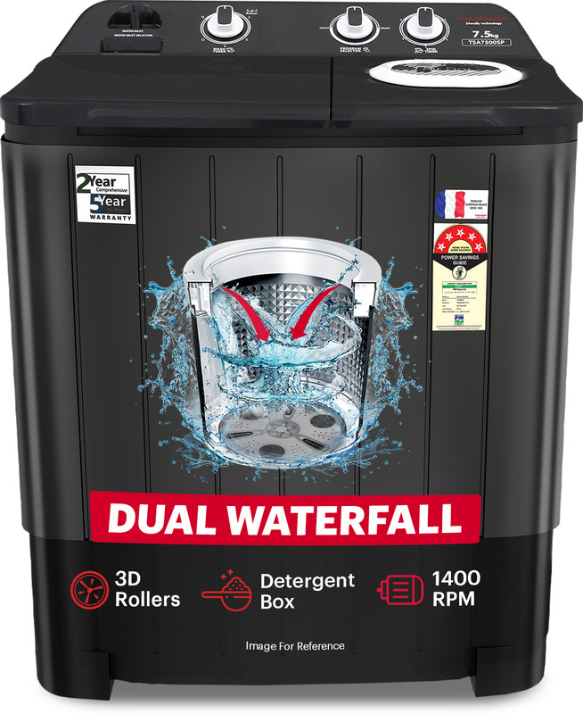 Thomson 7.5 kg 5 Star Aqua Magic with Double Waterfall, Detergent Box, 3D Rollers Technology, Magic Filter, Collar Scrubber, Turbo Dry Technology, Semi Automatic Top Load Washing Machine Black(TSA7500SP)