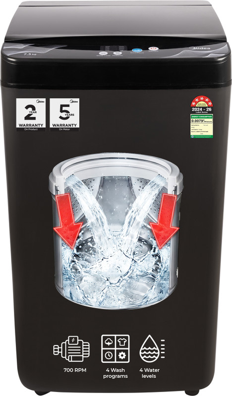 Midea 7.5 kg Fully Automatic Top Load Washing Machine Black(MWMTL075FP0PNMB)