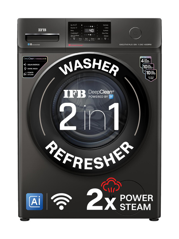 IFB 11 kg with 9 Swirl Wash, 2x Power Steam, Steam Refresh Program, Eco Inverter Motor, WiFi Enabled, DeepClean Powered by Ai Fully Automatic Front Load Washing Machine with In-built Heater Black(EXECUTIVE PLUS OXN 1114 CMS)