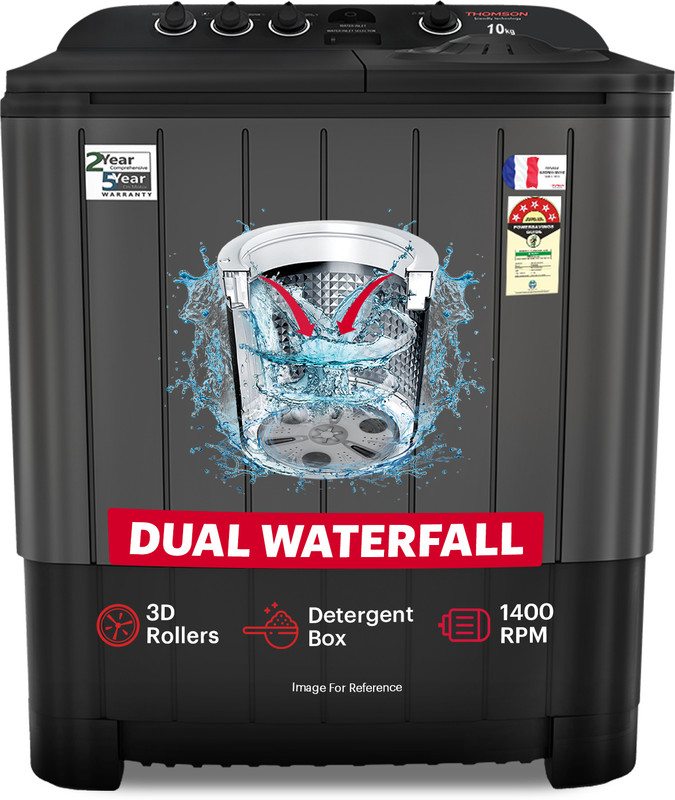 Thomson 12 kg 5 Star Aqua Magic Toughen Glass with soft closure, Double Waterfall, Detergent Box,� Water Level Selector, 3D Rollers Technology, Collar Scrubber, Turbo Dry Technology, Semi Automatic Top Load Washing Machine Black(TSA1200SP)