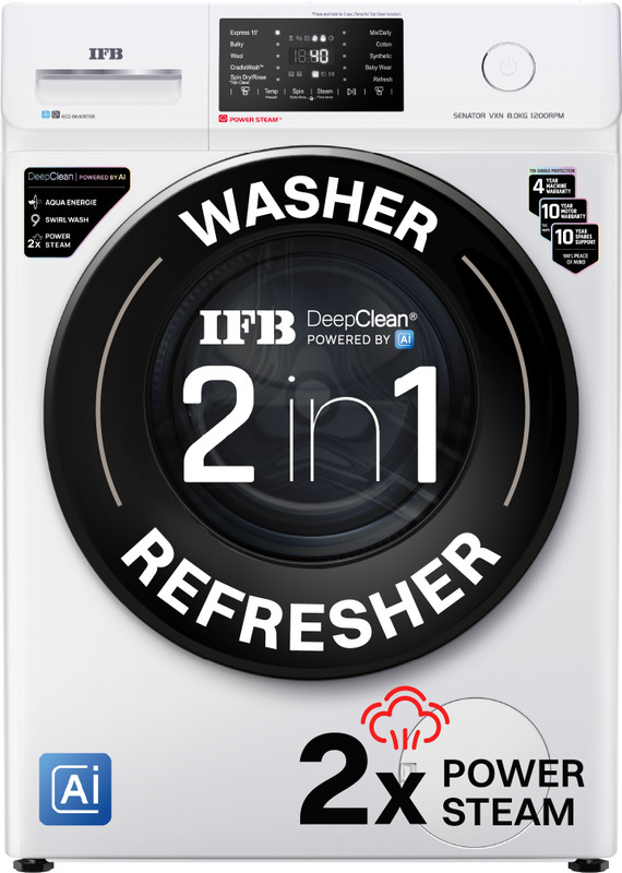 IFB 8 kg with 9 Swirl Wash, 2x Power Steam, 30 Min Steam Refresh Program, Eco Inverter Motor, DeepClean Powered by Ai Fully Automatic Front Load Washing Machine with In-built Heater White(Senator VXN 8012 CMS)
