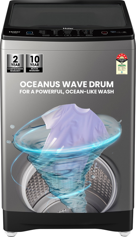 Haier 8 kg Oceanus Wave Drum 15 Min Quick Wash Fully Automatic Top Load Washing Machine with In-built Heater Silver(ETL80-HC5S8)