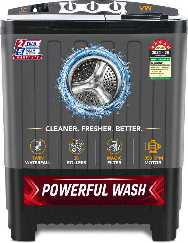 VW 7.5 kg Semi Automatic Top Load Washing Machine Black, Grey(AquaSpin0075P)