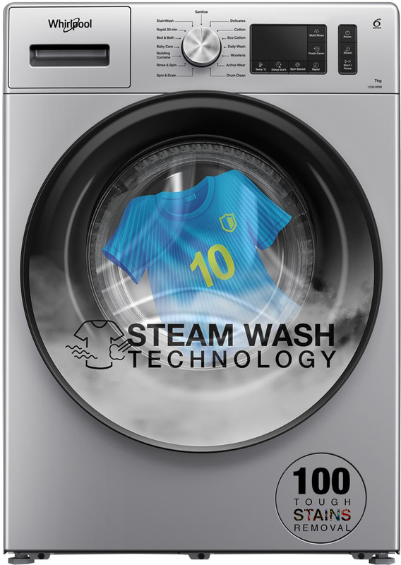 Whirlpool 7 kg 5 Star Inverter 100+ Tough Stains, Steam Technology Fully Automatic Front Load Washing Machine with In-built Heater Silver(SUPREME CARE SILVER 7012 -E)