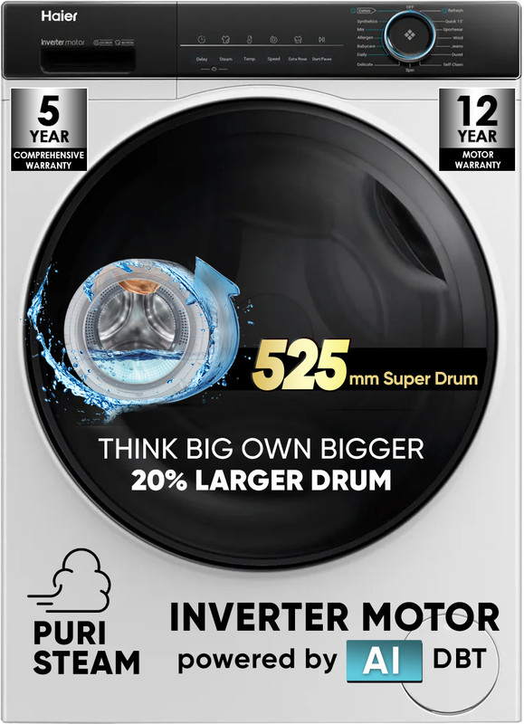 Haier 8 kg AI with Inverter Motor, IPuristeam and Refresh Function, Anti Bacterial Technology, Super Drum 525mm with Custom Wash Programs Fully Automatic Front Load Washing Machine Black, White(HW80-IM12929C)