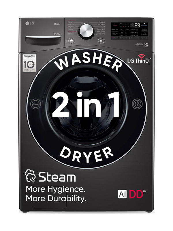 LG 15/8 kg Washer with Dryer Fully Automatic Front Load Washer Dryer with AI Direct Drive Technology, Wi-Fi Enabled, Allergy Removal with Steam & Turbo Wash Ready to Wear Clothes with In-built Heater Black(FHD1508STB)