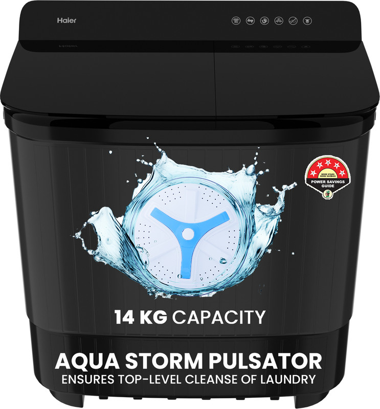 Haier 14 kg Toughened Glass with Anti Bacterial Vortex Pulsator, 1300 RPM, Spray Function, Wash Programs, Magic Filter, Rat Mesh Semi Automatic Top Load Washing Machine Black(HTW140-178BK)