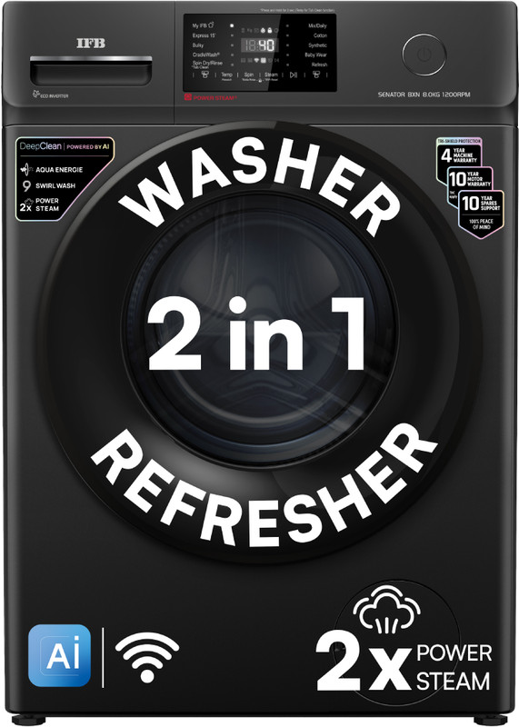 IFB 8 kg 5 Star with Steam Refresh program, 9 Swirl Wash, Eco Inverter, Touch Panel with AI Fully Automatic Front Load Washing Machine with In-built Heater Black(SENATOR BXN 8012/SENATOR BXN 8012 CMS)
