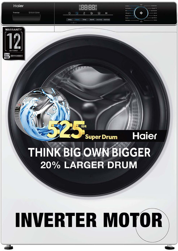 Haier 7 kg AI with Inverter Motor,Puristeam and Refresh Function, Anti Bacterial Technology, Super Drum 525mm with Custom Wash Programs Fully Automatic Front Load Washing Machine Black, White(HW70-IM12929)