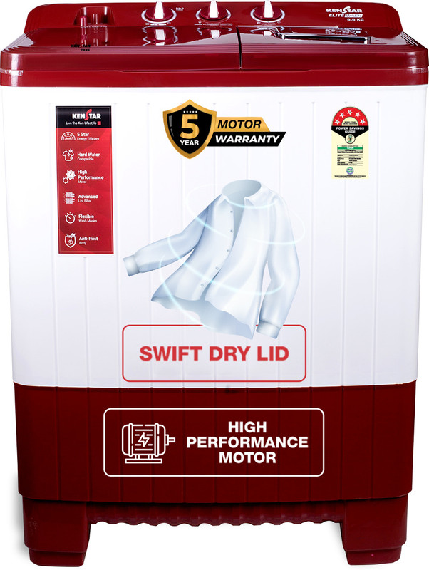 Kenstar 8.5 Kg Swift Dry Lid Semi Automatic Top Load Washing Machine White, Red(KSSA855NNNMM)