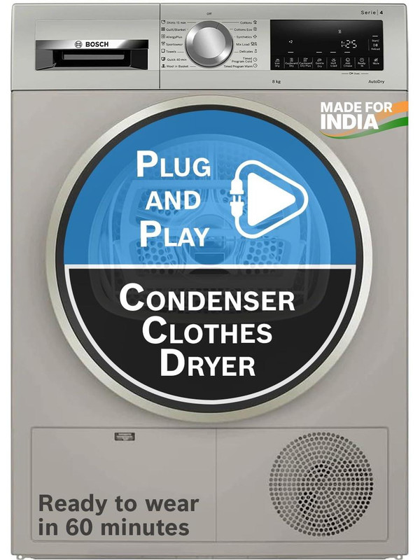 BOSCH 8 kg Tumble Dryer with In-built Heater Grey(WPG23108IN)