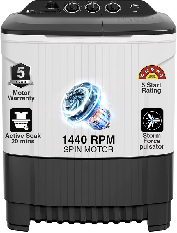 Godrej 7 Kg 5 Star, Active Soak Technology Semi-Automatic Top Load Washing Machine (WS EDGE CLS 70 5.0 PN2 GPGR, Graphite Grey, 460 W PowerMax Wash For Heavy Laundry Wash)