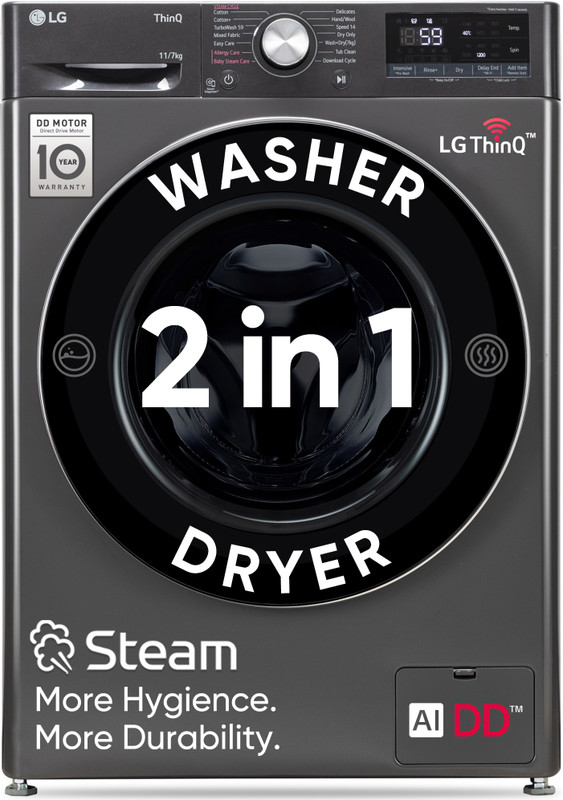 LG 11/7 kg Washer with Dryer AI Direct Drive Technology, Wi-Fi Enabled , Reduce germs & allergens with steam cycles, TurboWash Ready to Wear Clothes, Optimal wash for different fabrics & In-built Heater with In-built Heater Black(FHD1107SWM)
