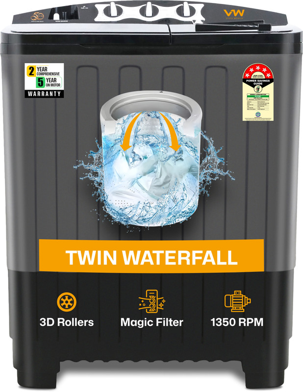 VW 7.5 kg Semi Automatic Top Load Washing Machine Black, Grey(AquaSpin0075P)