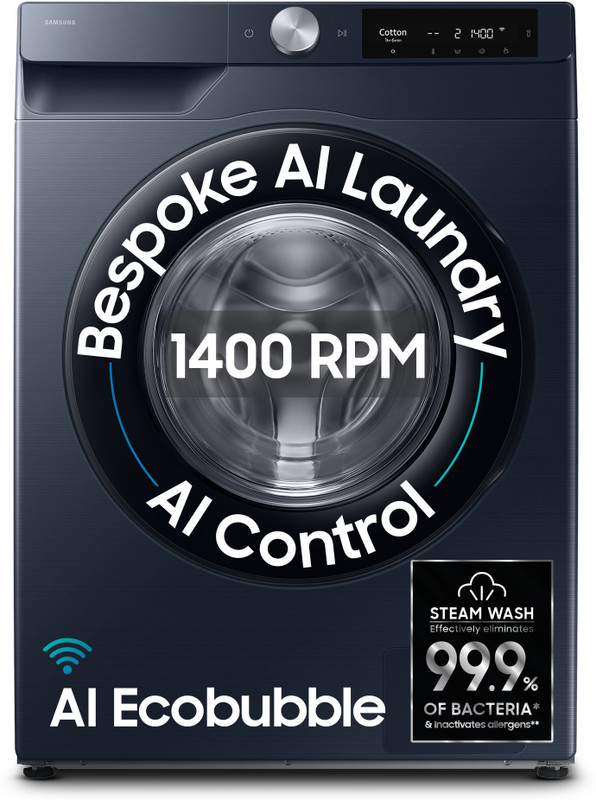 Samsung 12 kg 5 Star, AI Control, AI Ecobubble, Super Speed, Wi-Fi, Hygiene Steam, Digital Inverter Motor Fully Automatic Front Load Washing Machine with In-built Heater Black, Blue(WW12DG6B24ASTL)