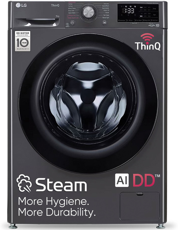 LG 9 kg 5 Star with AI Direct Drive, 6 Motion, Inverter Direct Drive, Steam and Wi-Fi Enabled Fully Automatic Front Load Washing Machine with In-built Heater Black(FHP1209Z5M)