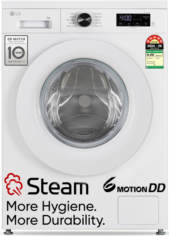 LG 7 kg 5 Star, Allergen free with Steam, Inverter Direct Drive - Less vibration, less noise, 6 Motion Direct Drive, Touch Panel, 1200 RPM, Essence Fully Automatic Front Load Washing Machine with In-built Heater White(FHB1207Z2W)