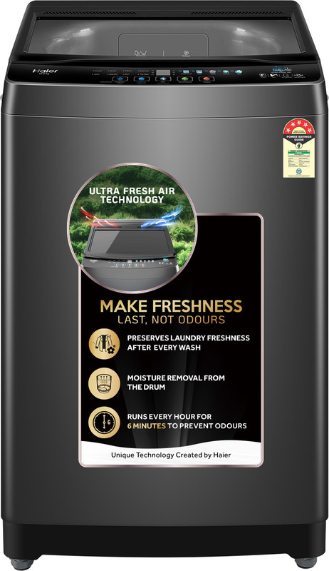 Haier 10 kg Powerful Oceanus Wave Drum, Custom Wash Cycles with 15 Mins Quick Wash, Smart Fuzzy Control, Balance Clean Pulsator, Magic Filter, Castor Wheels Fully Automatic Top Load Washing Machine Black(ETL100-C3PS8)