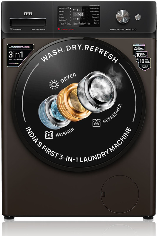 IFB 9/6 kg Washer with Dryer AI Powered, 30 min Steam Refresh Program, 100% Dry Ready-to-Wear Clothes, Eco Inverter Motor, 9 Swirl Wash Mimic Handwashing, Fully Automatic with Hot Water Wash, WiFi Connectivity with In-built Heater Brown(WDR EXECUTIVE ZMN 9/6/3 ,WDR EXECUTIVE ZMN 9/6/3 CMS)
