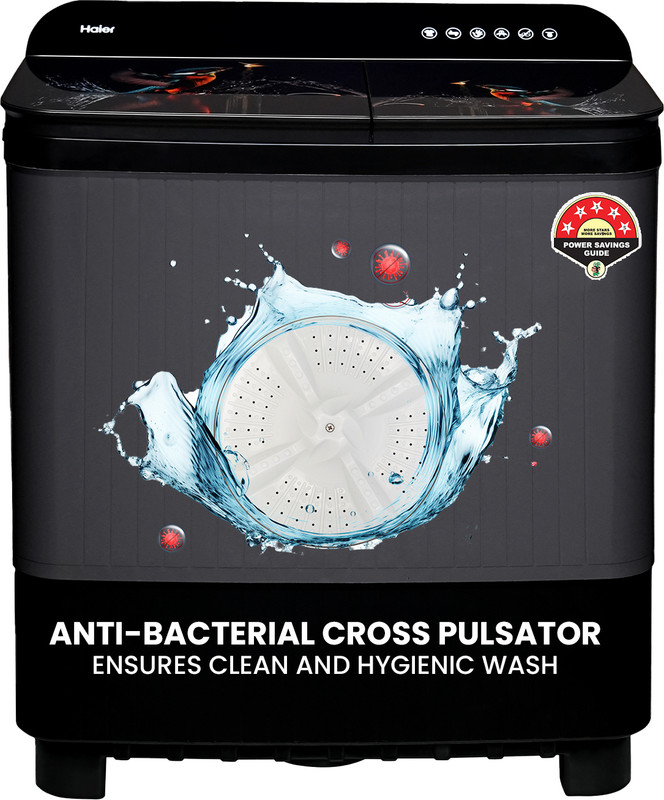 Haier 9 kg Toughened Glass with Digital Kingfisher Print, Anti Bacterial Vortex Pulsator, 1300 RPM, Spray Function, Wash Programs, Magic Filter, Rat Mesh Semi Automatic Top Load Washing Machine Black, Grey(HTW90-178FL)