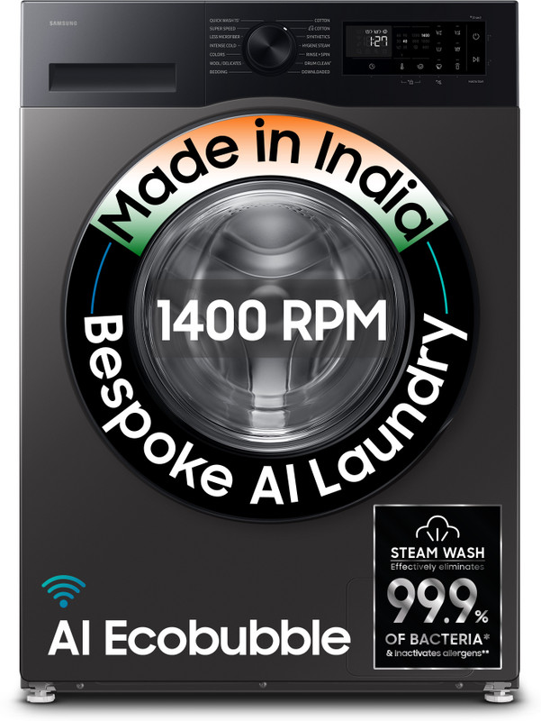 Samsung 9 kg 5 Star, AI Ecobubble, Super Speed, Wi-Fi, Hygiene Steam, Digital Inverter Motor Fully Automatic Front Load Washing Machine with In-built Heater Grey(WW90DG5U24AXTL)