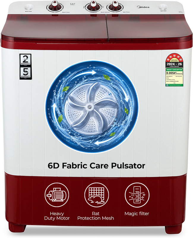 Midea 6.5 kg Semi Automatic Top Load Washing Machine Maroon, White(MWMSA065PDX(MW))