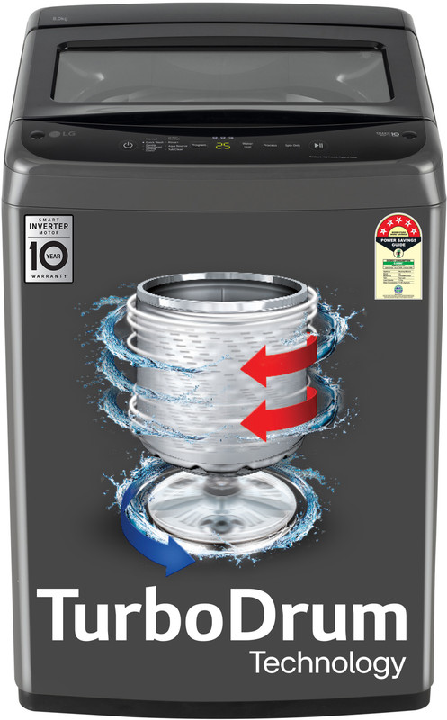 LG 8 kg 5 Star, Smart Inverter Technology, TurboDrum, Smart Diagnosis with Soft Closing Door Fully Automatic Top Load Washing Machine Black(T80VBMB4Z)