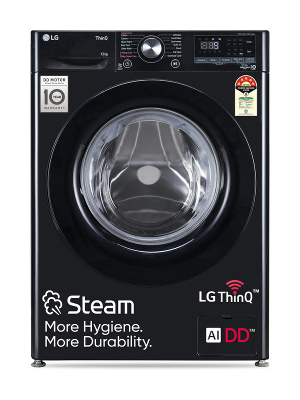 LG 12 kg 5 Star, AI Direct Drive Technology, Wi-Fi Enabled, Steam Wash, Intelligent & Convenient Fabric Care, Allergy Care, Remote Control, In-Built Heater Fully Automatic Front Load Washing Machine with In-built Heater Black(FHP1412Z3O)