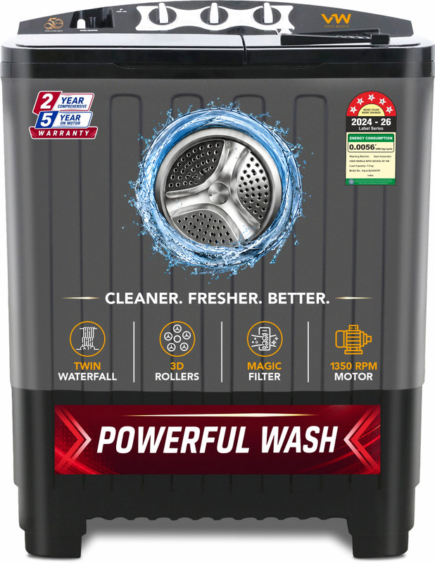 VW 7.5 kg Semi Automatic Top Load Washing Machine Black, Grey(AquaSpin0075P)