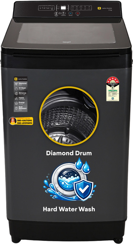 realme TechLife 8 kg with Smart Sensors and Powerful Motor Fully Automatic Top Load Washing Machine Grey(RMTL805NNNPG)