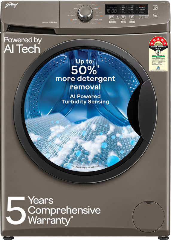 Godrej 8 kg With AI Tech, Steam Wash, Fully Automatic Front Load Washing Machine Grey(WFEON CRS 8012 5.0 FKEDM CNGR)