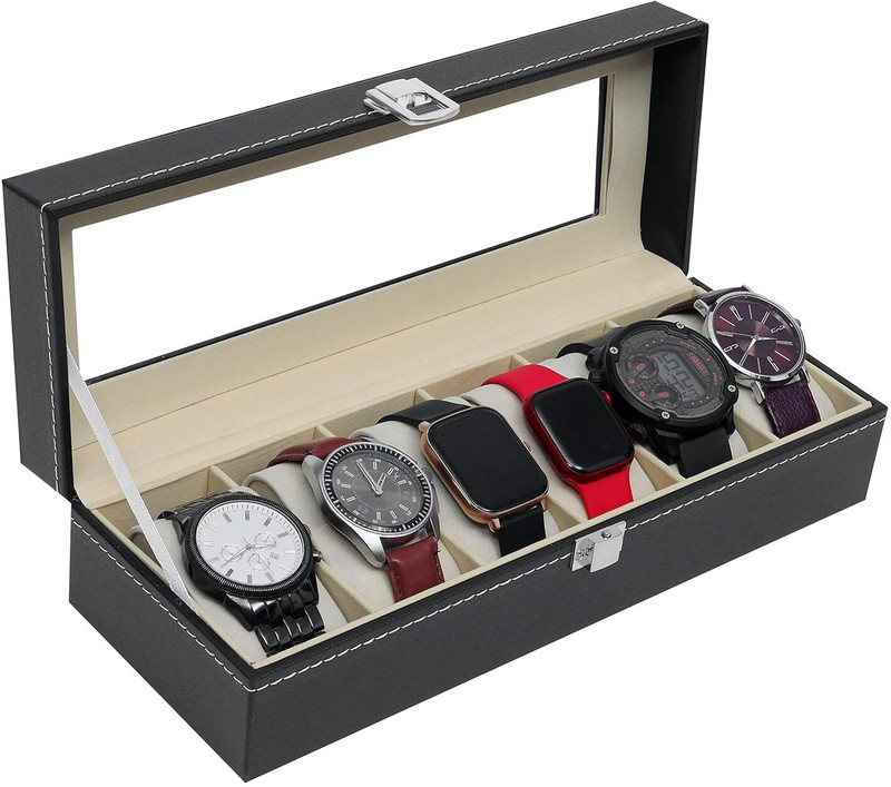 QUIRA Watch Storage Organiser 6 Slot with Transparent Glass for Display Watch Box(Black, Holds 6 Watches)