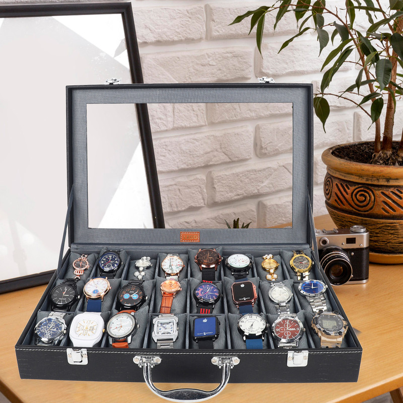 LEDO Watch Box Organizer 24 slots of Watches Transaprent Display in Black & Gray Watch Box(Black & Gray, Holds 24 Watches)