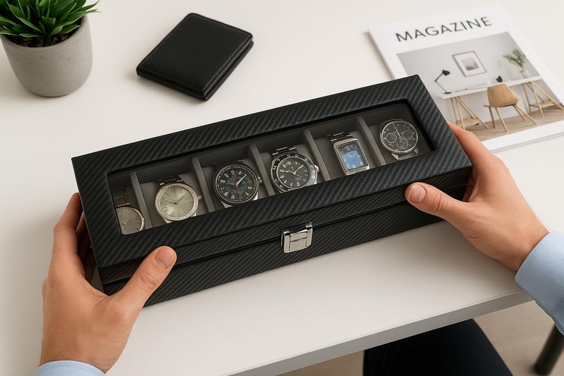 ChestKraft Venice - Black with Contrast Beige white thread Stitch 6 Watch Luxury Box Watch Box(Black, Holds 5 Watches)