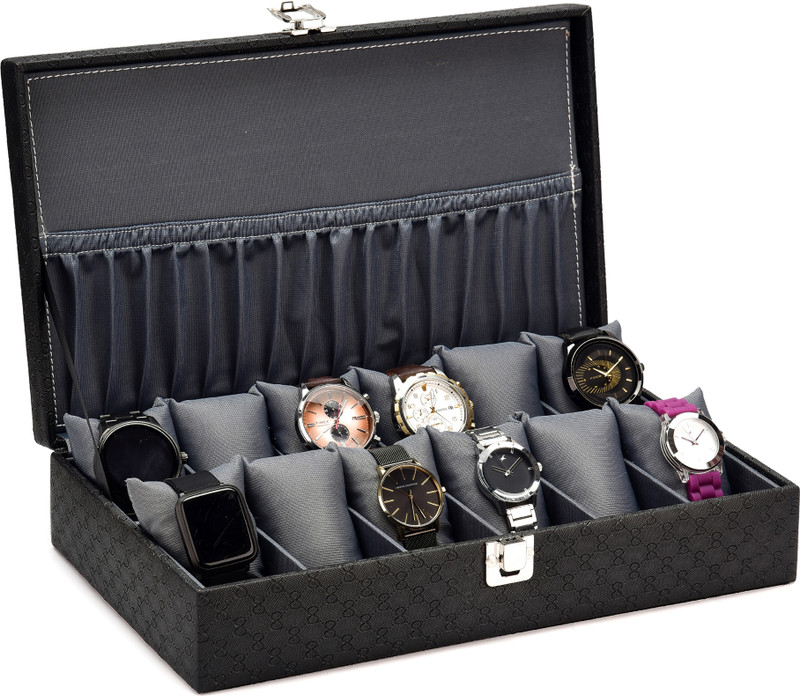 ANAV Faux Leather Wristwatch Box Organizer, Watch Case, Durable Watch Case Watch Box(Black, Grey, Holds 12 Watches)