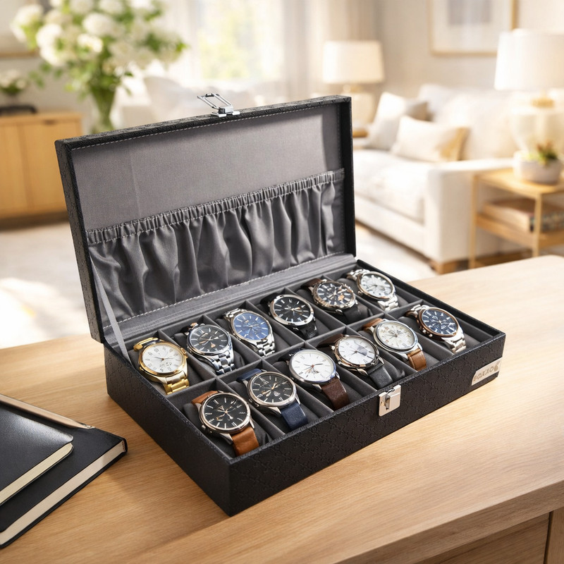 BOXXO 12 Slot Watch Organizer Box for Men & Women – Premium Black PU Leather cae Watch Box(Black / Grey, Holds 12 Watches)