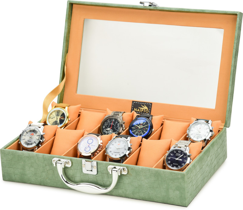 NAIPTO Premium PU Leather Storage Case with Lock & Handle for Men and Women Watch Box Watch Box(olive, gray, Holds 12 Watches)