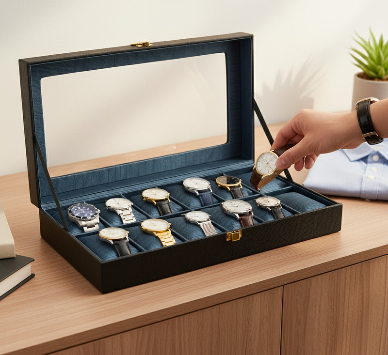 Fravy Exclusive Men's and Women's Watch Box Transparent Organiser Case in Watch Box(Black, Holds 12 Watches)