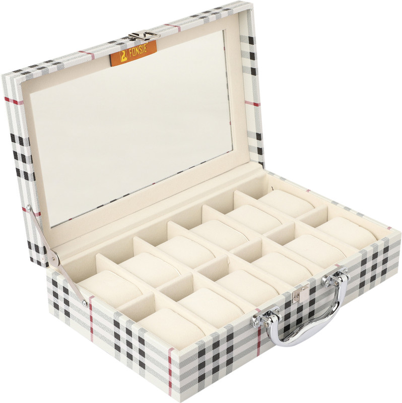 FONSIE Watch box storage organizer case 12 slots with premium velvet cover pillows Watch Box(White, Holds 12 Watches)