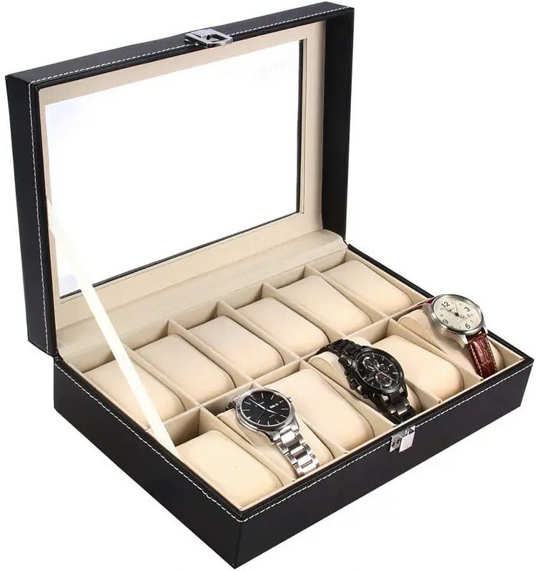 DITCAFOS PU Leather 12 Slots Wrist Watch Display Box Storage Holder Organizer Watch Case Watch Box(Black, Holds 12 Watches)