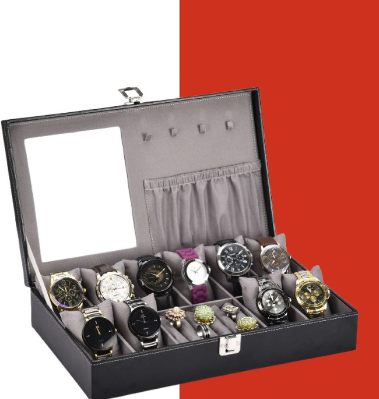 Red Velvet Stylish Black Color Design Ring, Chain and Watch Box Watch Box(Black, Holds 11 Watches)